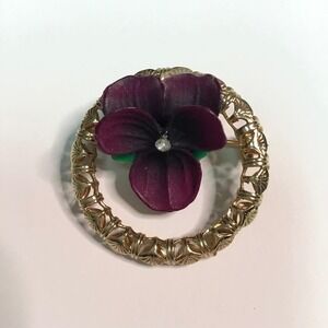Vintage Purple Pansy Flower Circle Brooch Gold Tone Rhinestone Pin Retro MCM